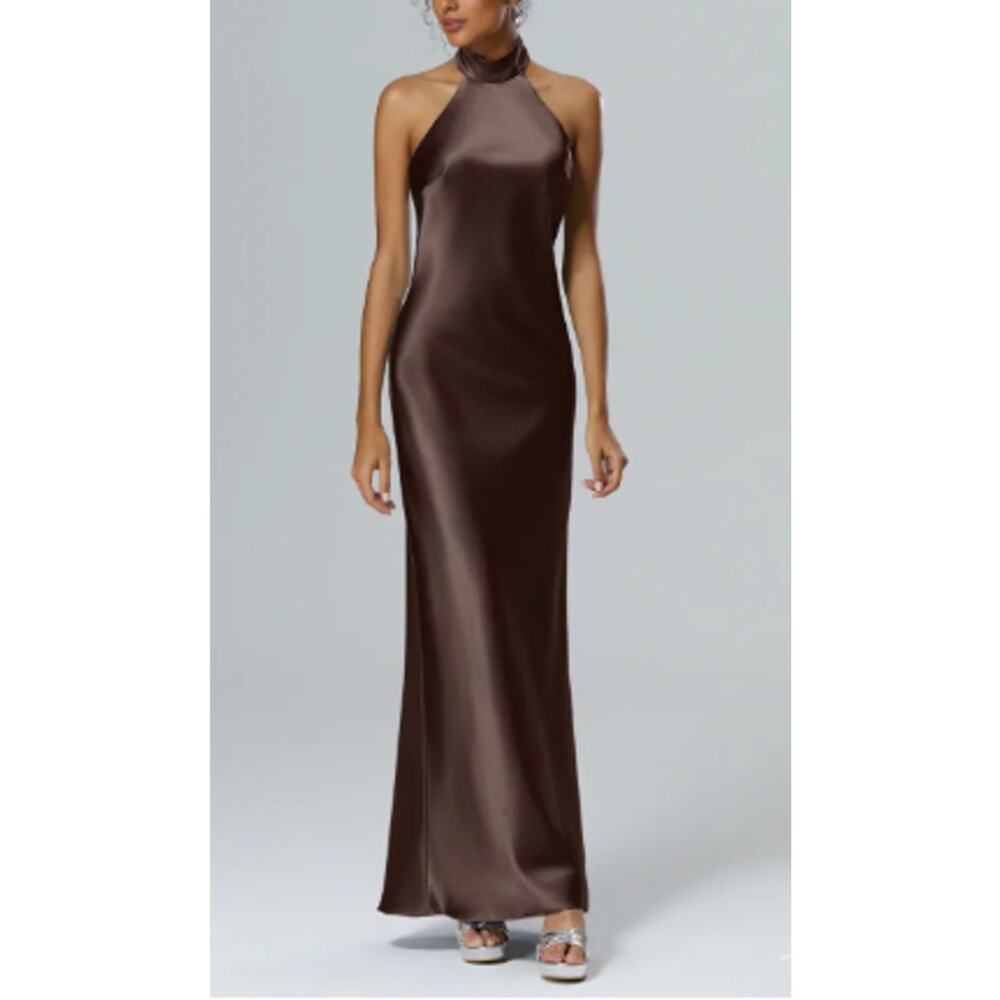 AW BRIDAL sz 4 S seal brown Mugwort crystal satin halter maxi dress NEW B45